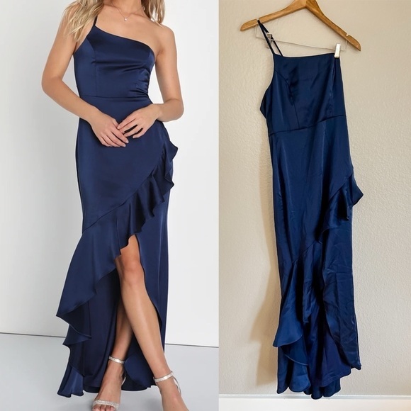 NWOT Perfect Memories Navy Blue Satin Ruffled One-Shoulder Maxi Dress